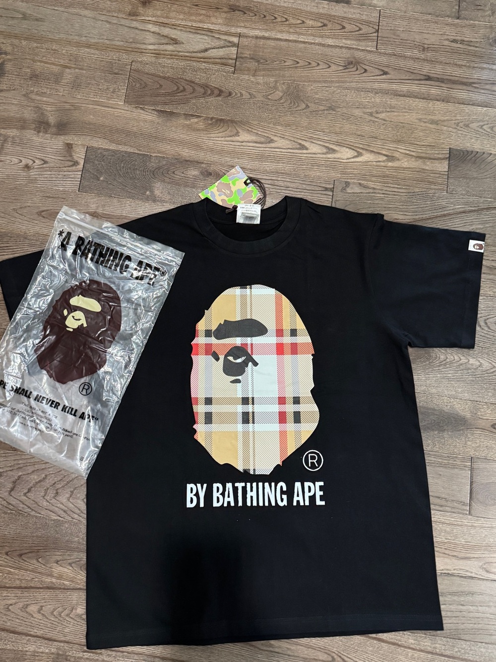 Bape Black T-Shirt with Beige Plaid Ape Head
